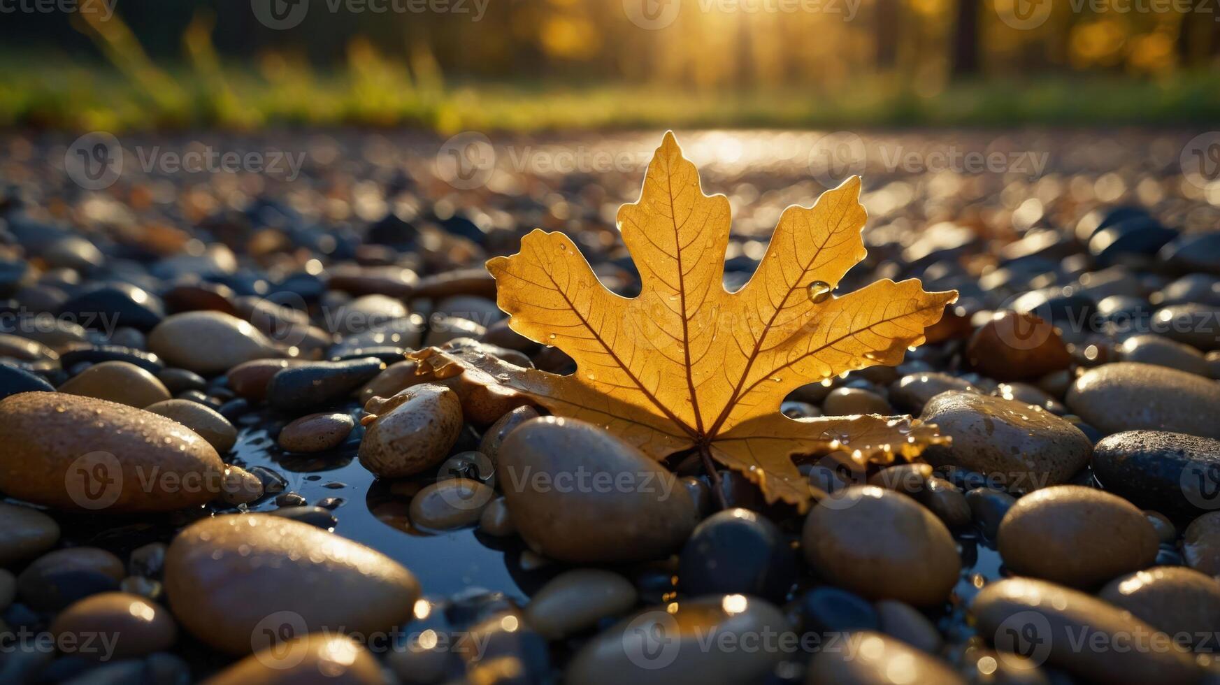 A close-up of a golden leaf resting on smooth pebbles, illuminated by soft sunlight. photo