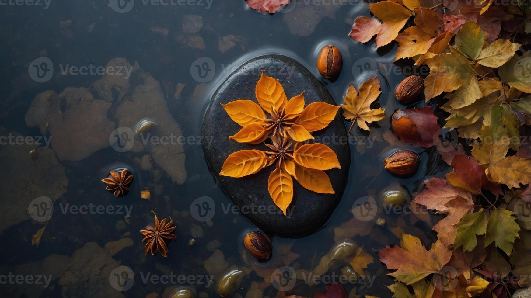 A serene composition of autumn leaves, nuts, and stones in still water. photo
