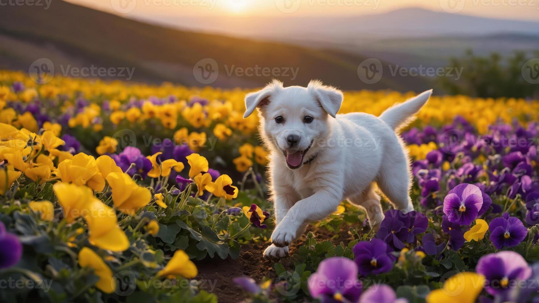 A playful puppy runs through a vibrant field of colorful flowers at sunset. photo