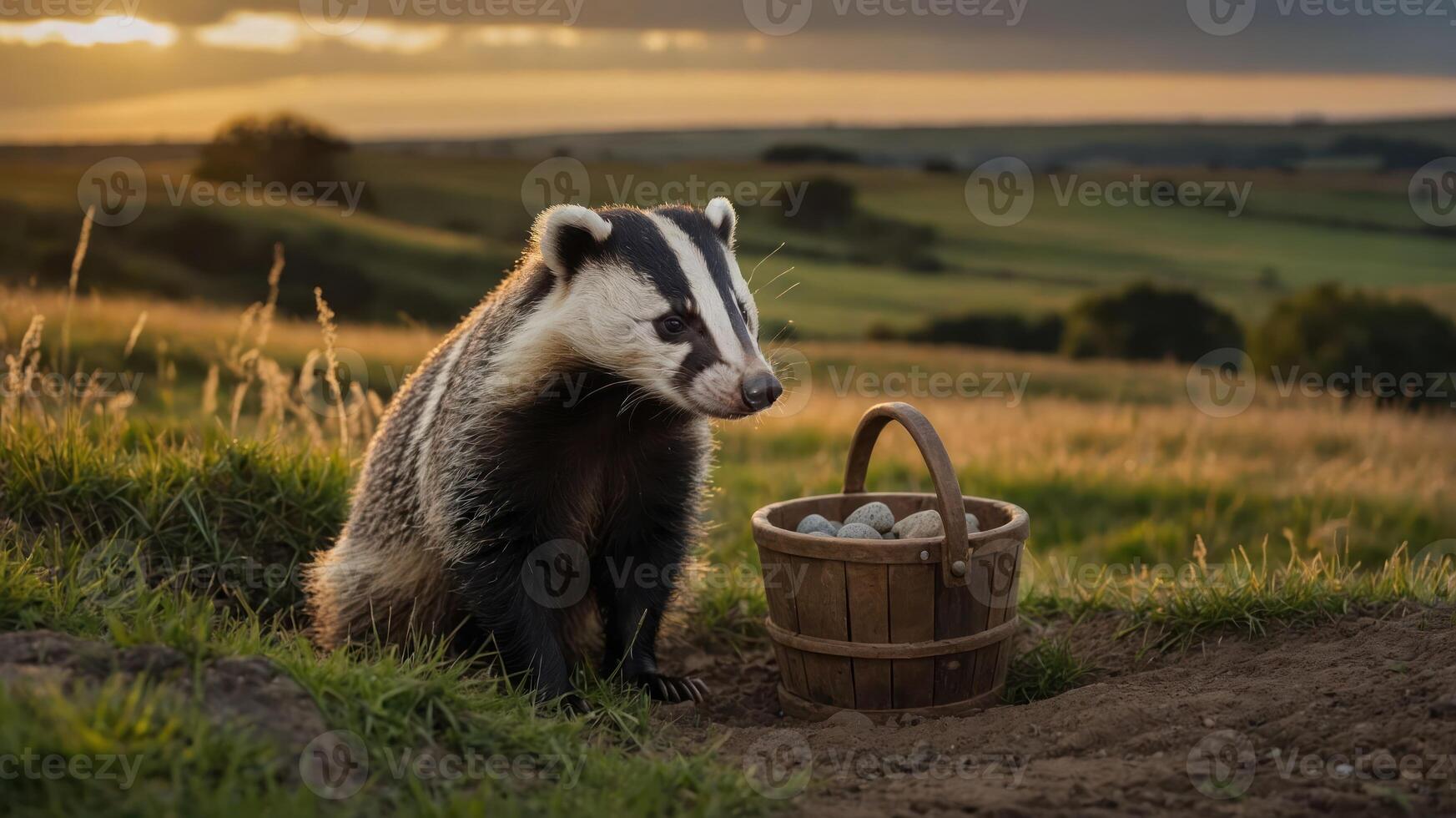 A badger sits beside a wooden basket in a lush, green landscape at sunset. photo
