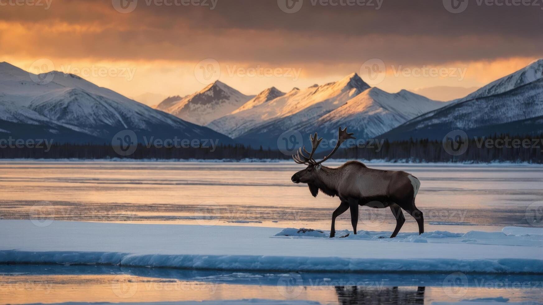 A moose walking on ice with mountains in the background during sunset. photo