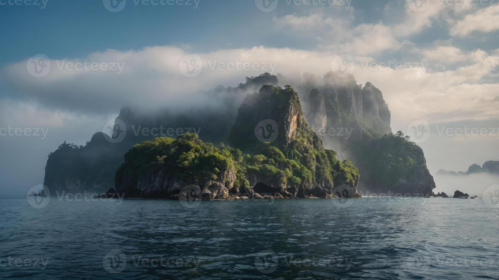 A serene island shrouded in mist, surrounded by calm waters and lush greenery. photo
