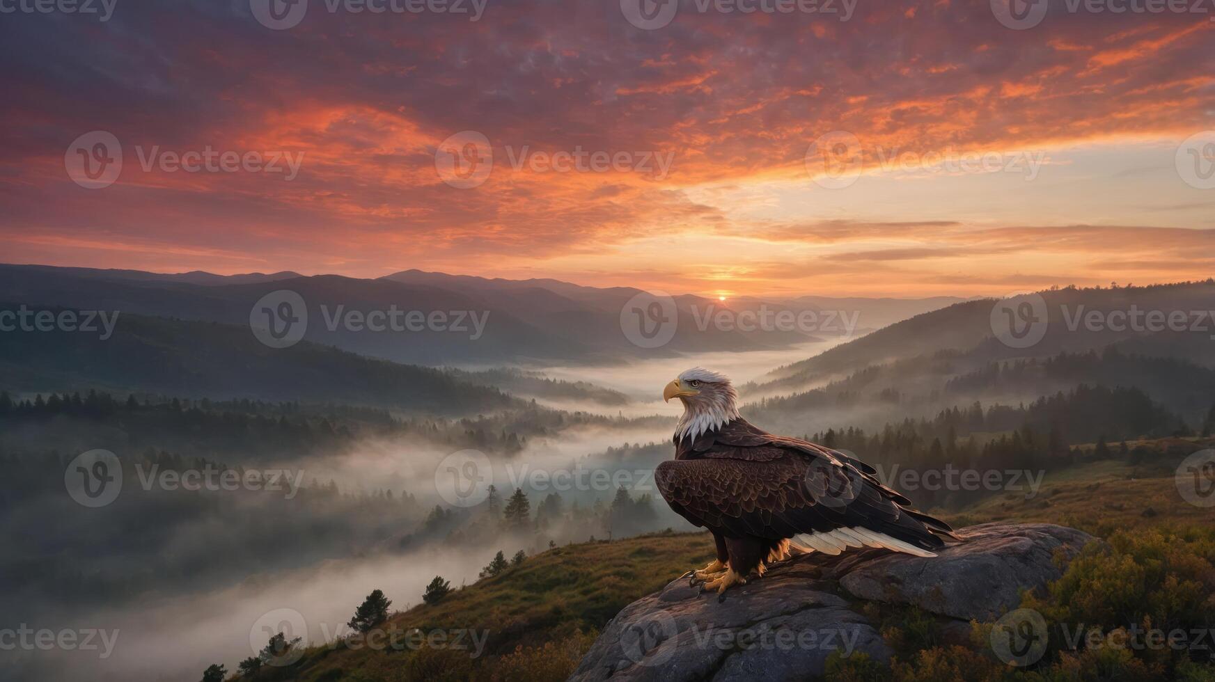 A majestic eagle perched on a rock, overlooking a misty valley at sunrise. photo