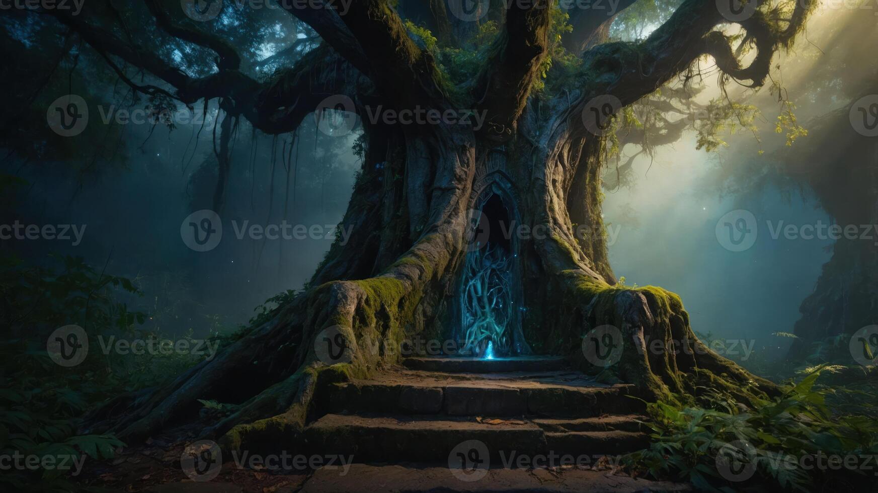 A mystical tree with a glowing entrance, surrounded by fog and lush greenery. photo