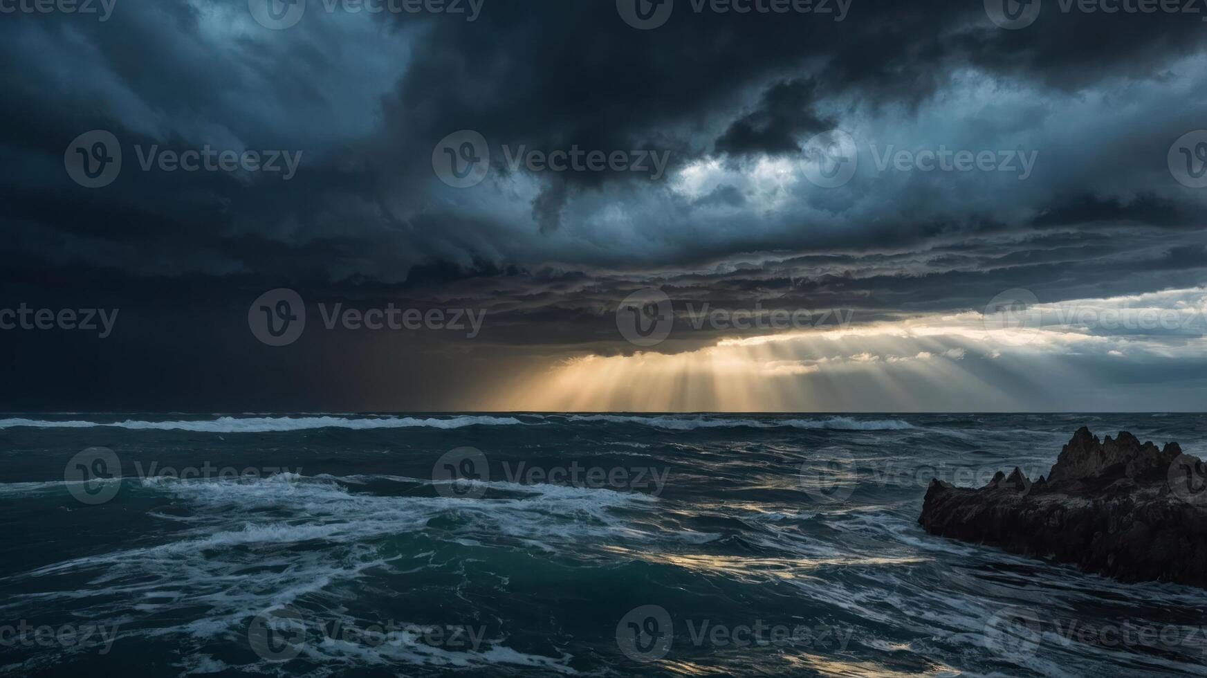 A dramatic seascape with dark clouds and sunlight breaking through. photo