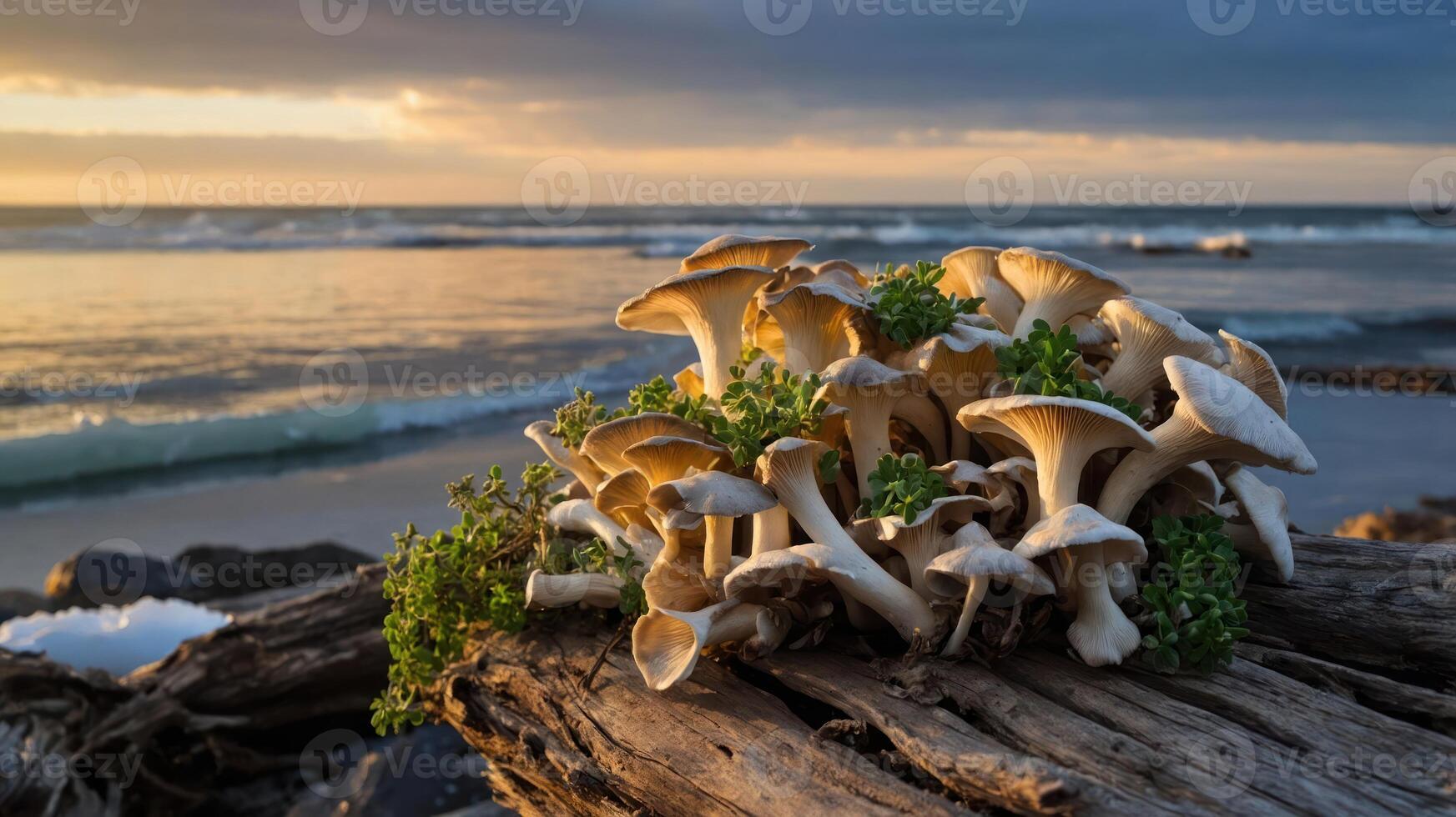 A cluster of mushrooms on driftwood by the ocean during sunset. photo