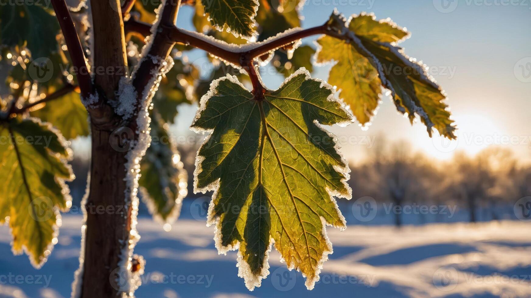 Frost-covered leaves illuminated by sunlight against a snowy backdrop. photo