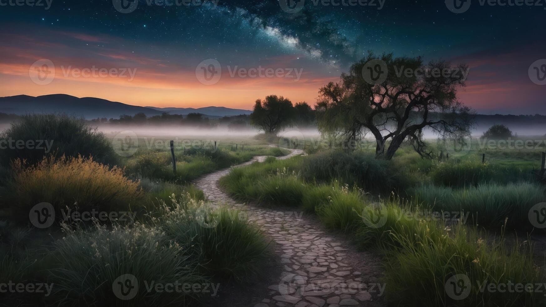 Serene landscape at twilight with a winding path under a starry sky. photo