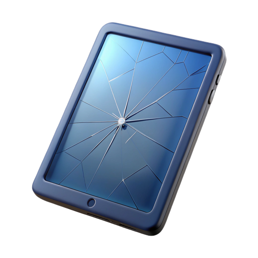 energetic stunning Tablet with cracked screen NO BACKGROUND with Transparent Background. museum quality png