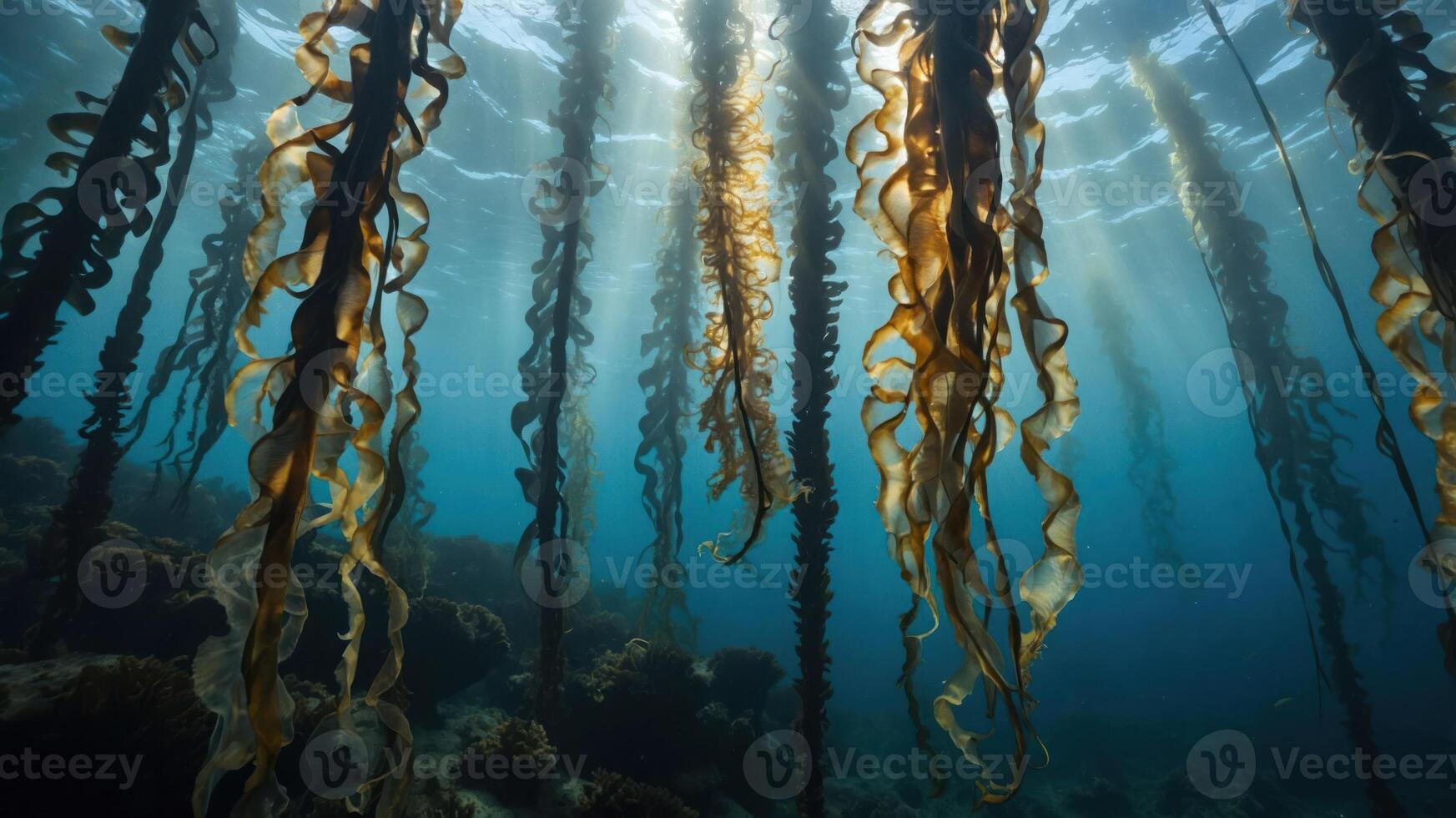 Underwater view of kelp forest with sunlight filtering through the water. photo
