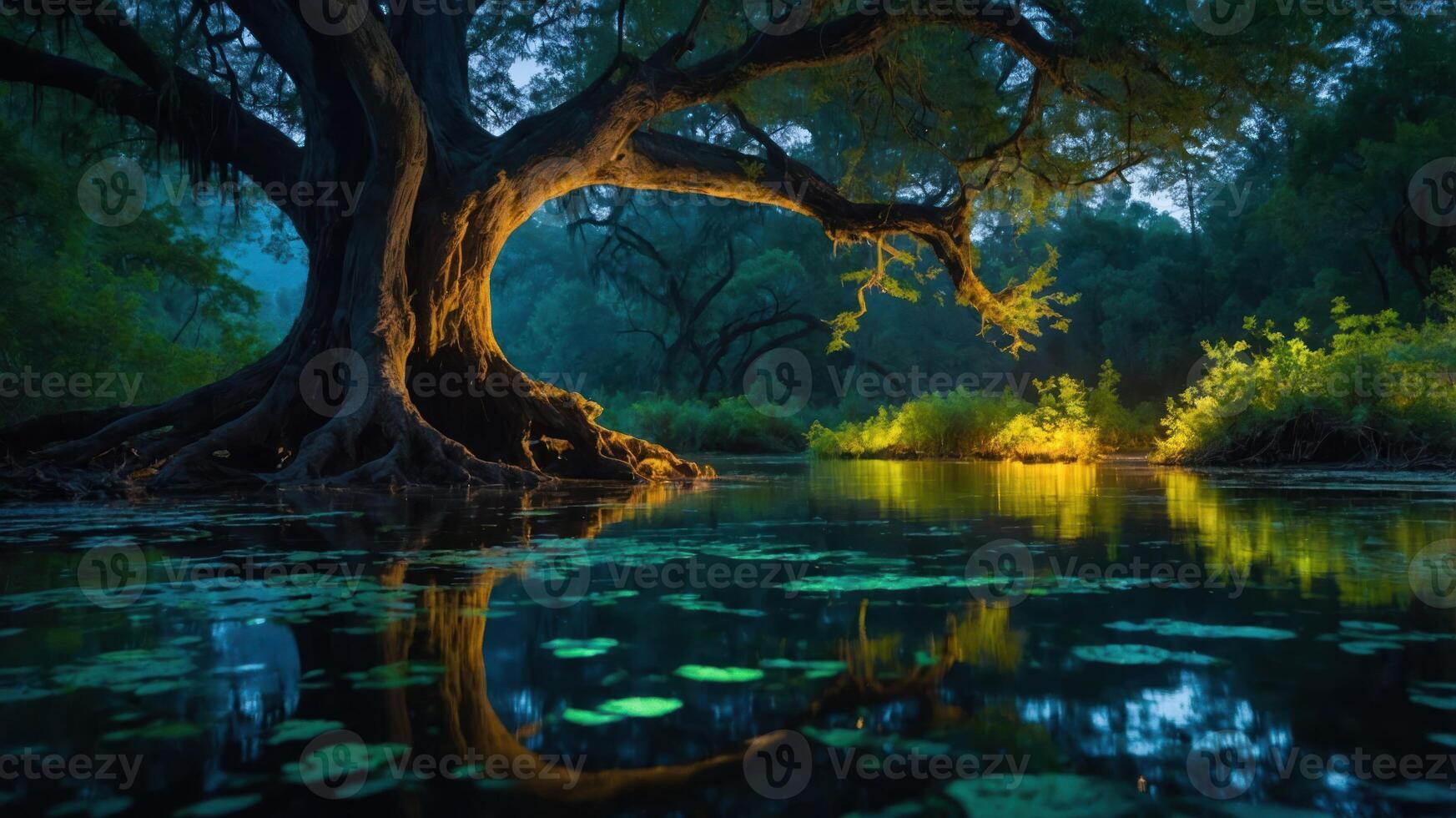 A serene landscape featuring a large tree reflected in calm waters under soft lighting. photo