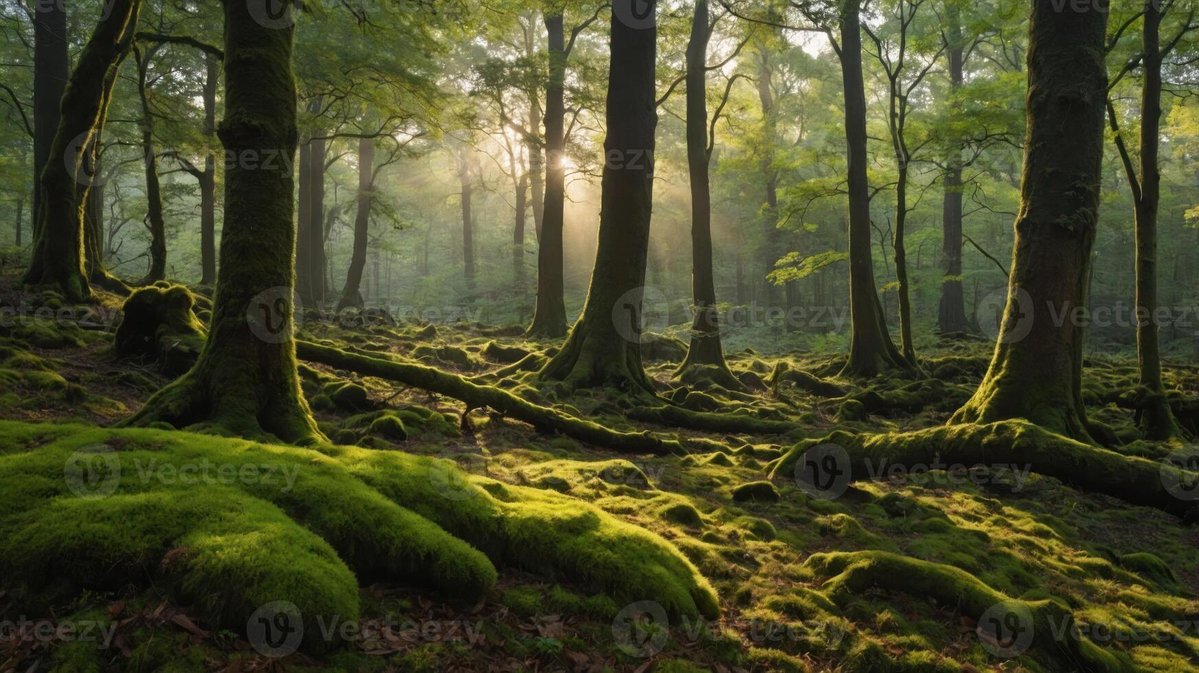 A serene forest scene with sunlight filtering through trees and moss-covered ground. photo