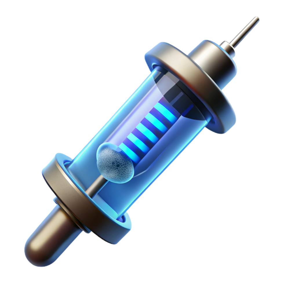 extraordinary peaceful surreal Genetic modification syringe filled with luminescent fluid NO BACKGROUND with Transparent Background. 4K png