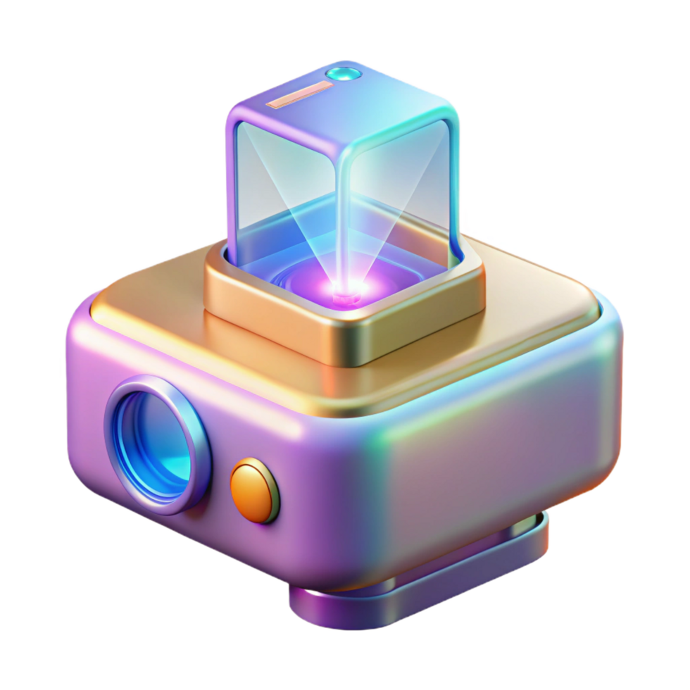 ethereal striking Holographic projector displaying a 3D model NO BACKGROUND with Transparent Background. museum quality png