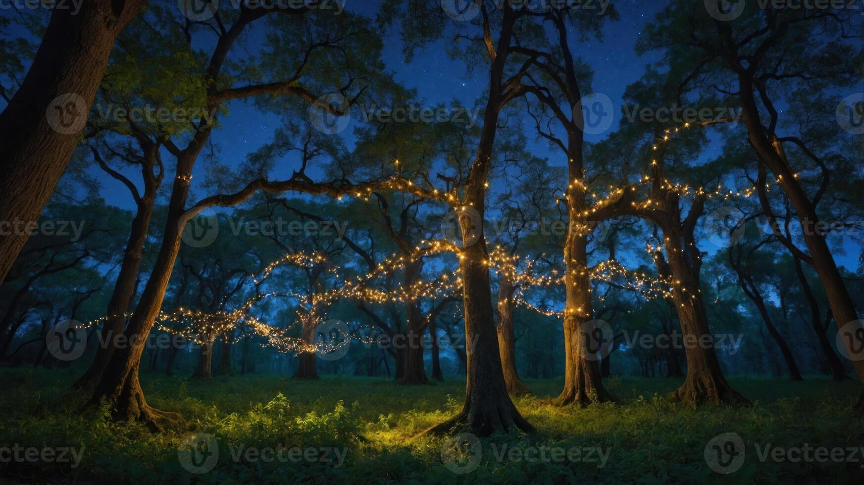 A serene forest illuminated by string lights at night, creating a magical atmosphere. photo