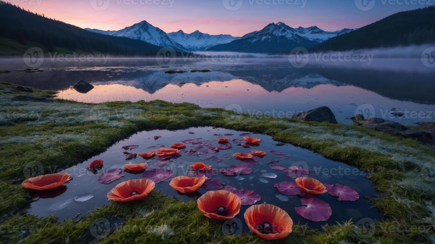 A serene lake scene with vibrant flowers reflecting mountains at dawn. photo