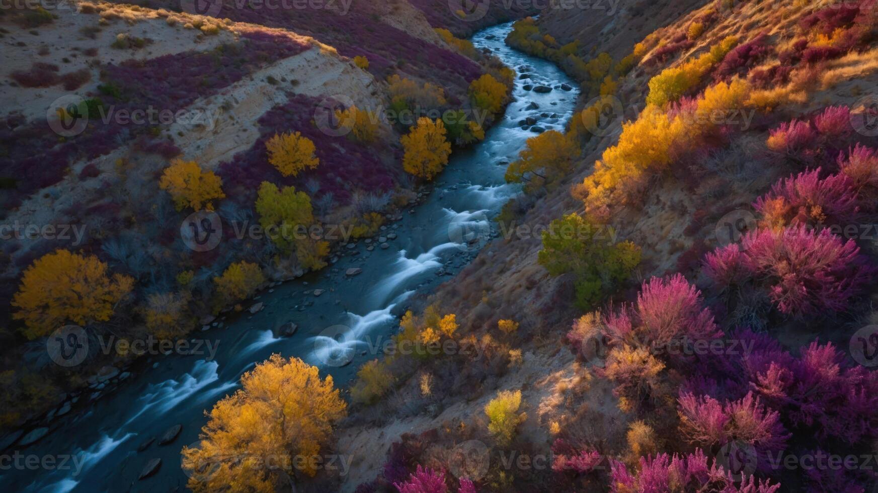 Aerial view of a river winding through colorful autumn foliage. photo