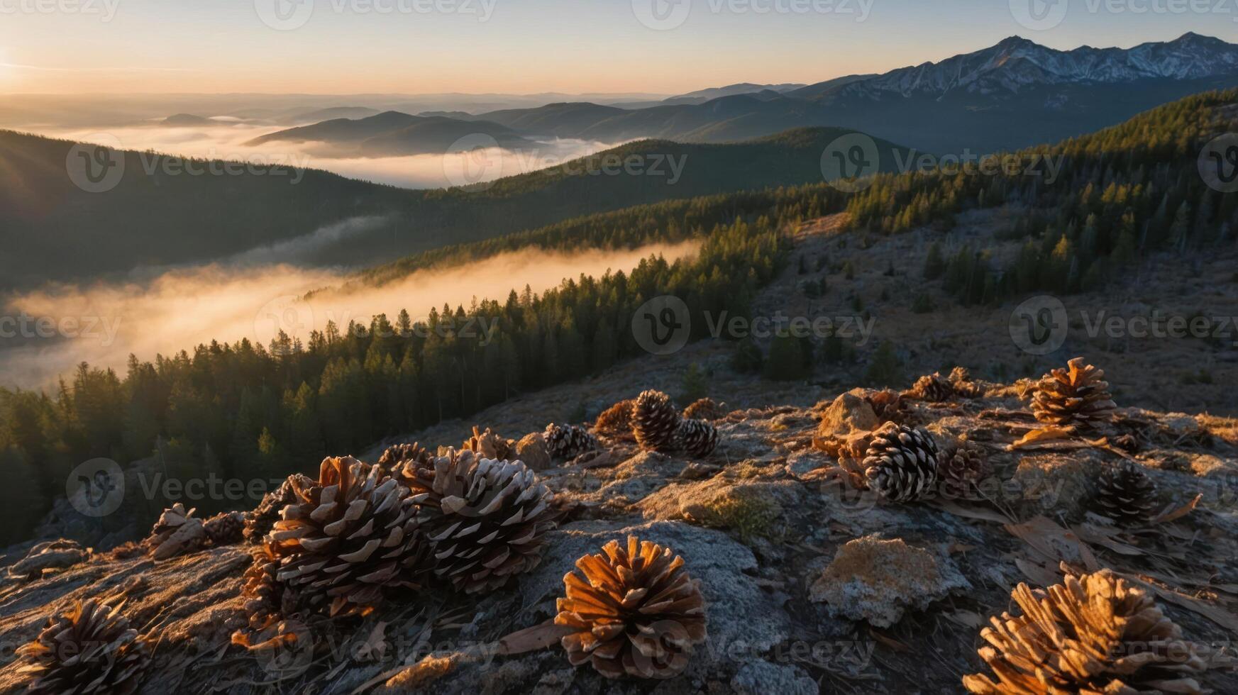 A serene mountain landscape at sunrise, featuring pine cones and misty valleys. photo