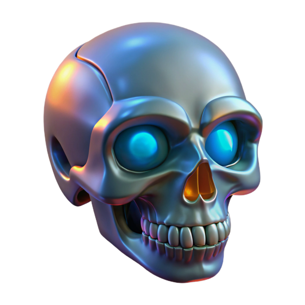 fascinating industrial Cybernetic skull with glowing eyes NO BACKGROUND with Transparent Background. perfect clarity png