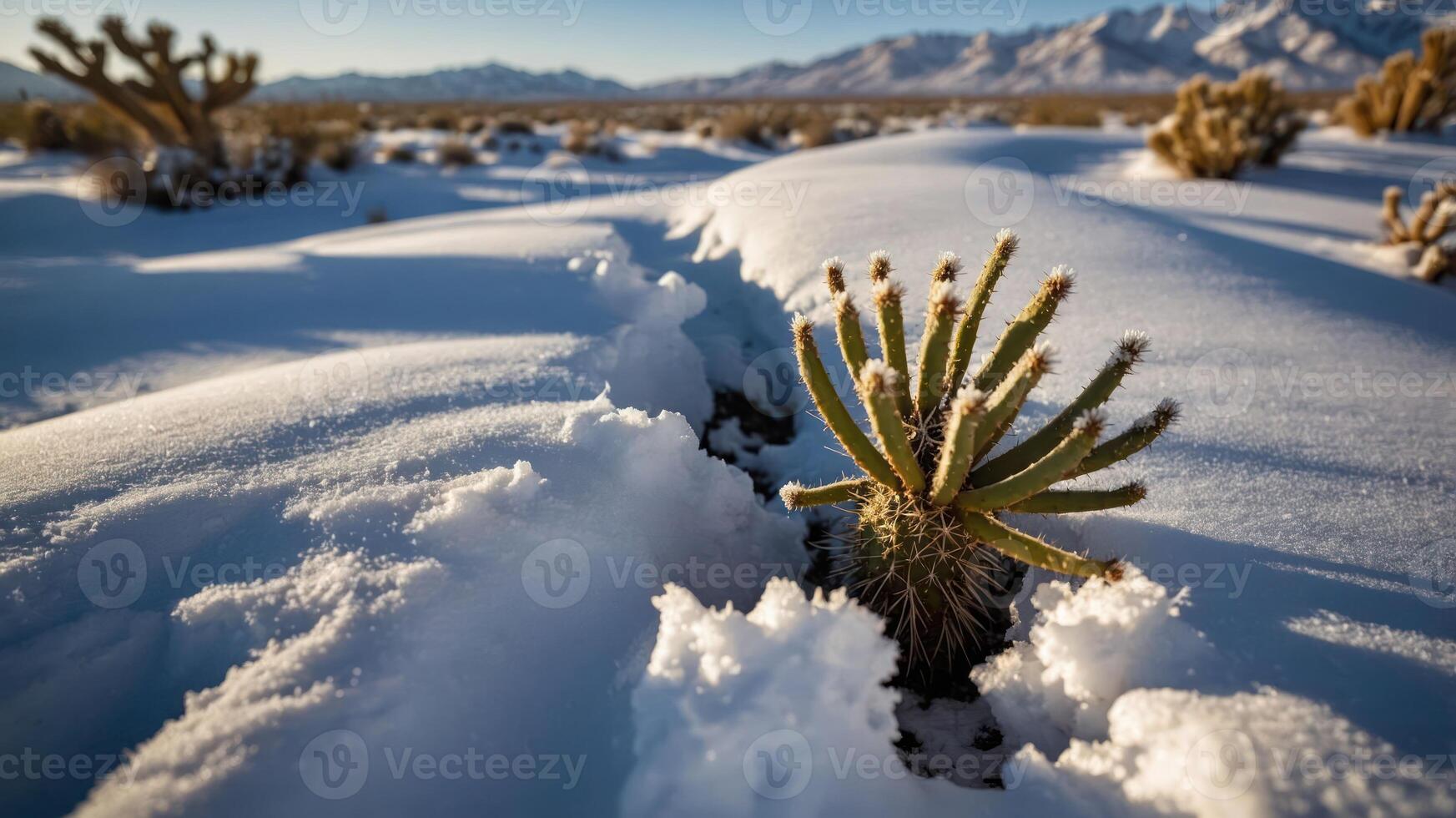A cactus emerges from snow in a desert landscape, showcasing nature's contrast. photo