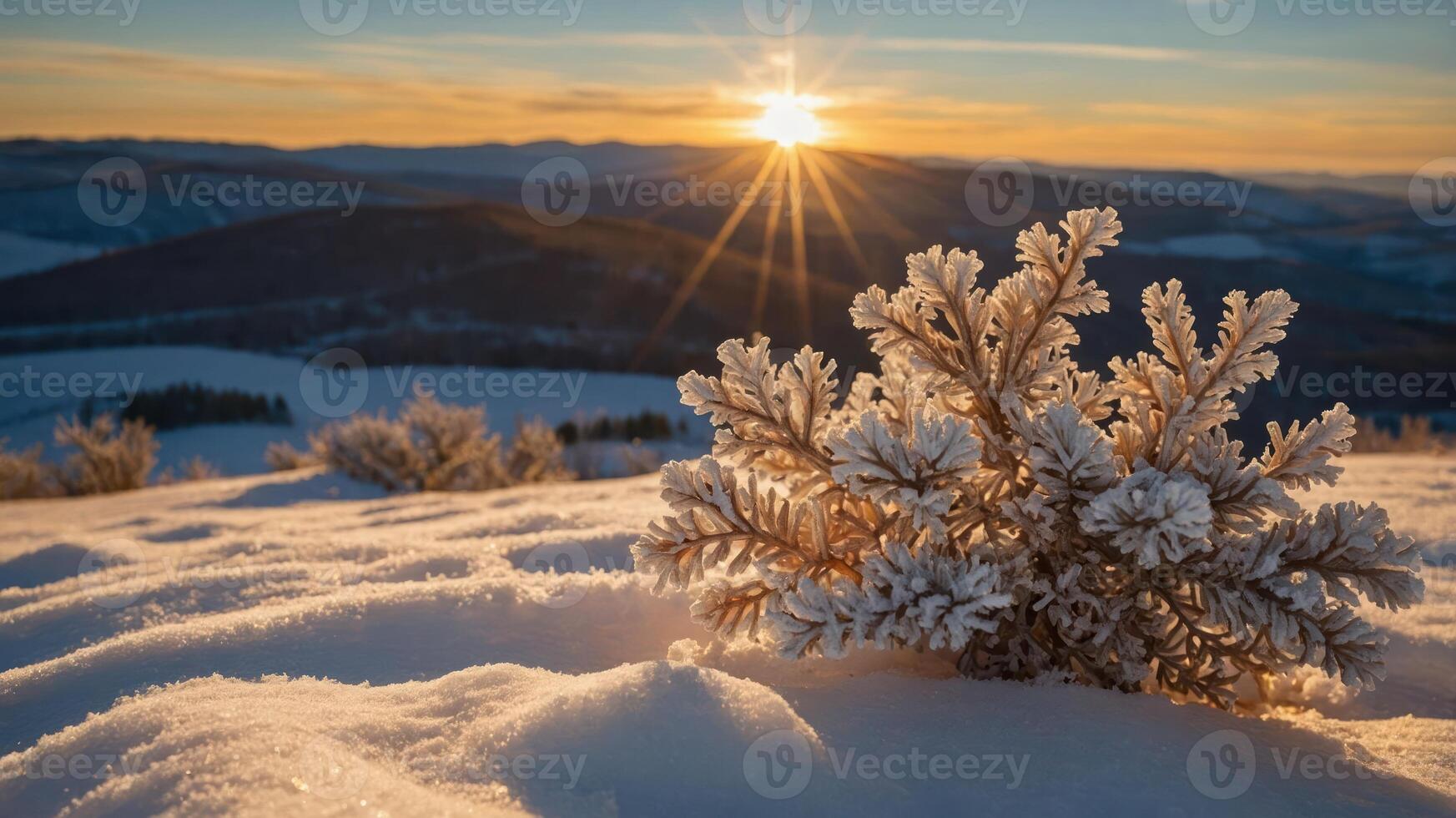 A serene winter landscape featuring a frosted plant with a sunset backdrop. photo