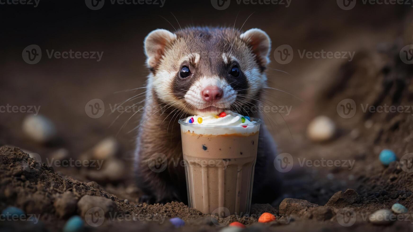 A cute ferret enjoys a small dessert cup topped with whipped cream and colorful sprinkles. photo