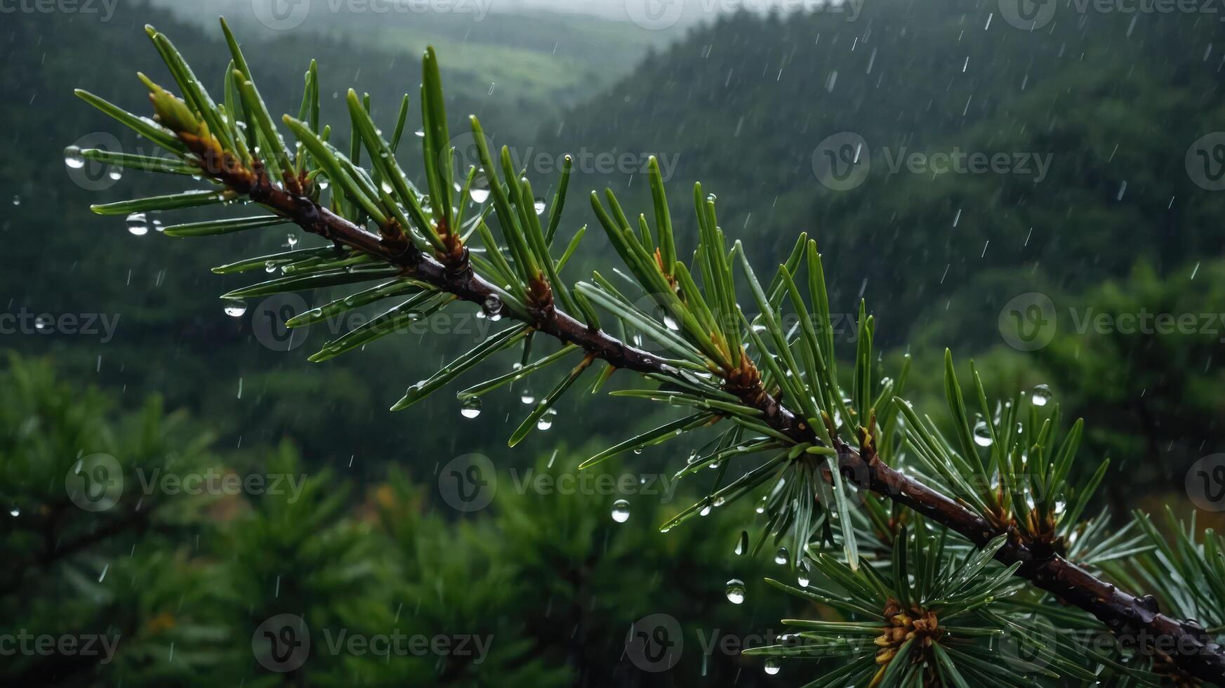 A close-up of a pine branch with raindrops, set against a lush green forest backdrop. photo