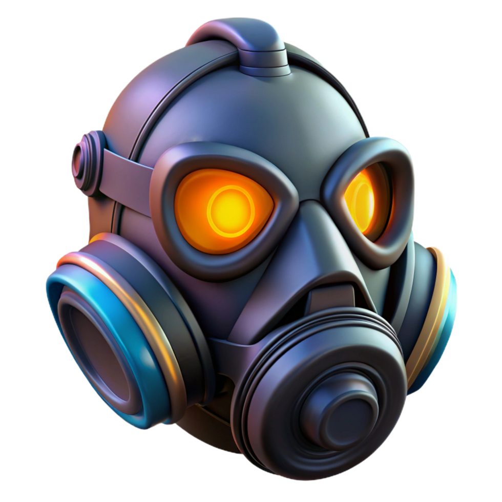 exquisite whimsical artistic Cyberpunk gas mask with glowing filters NO BACKGROUND with Transparent Background. 4K png