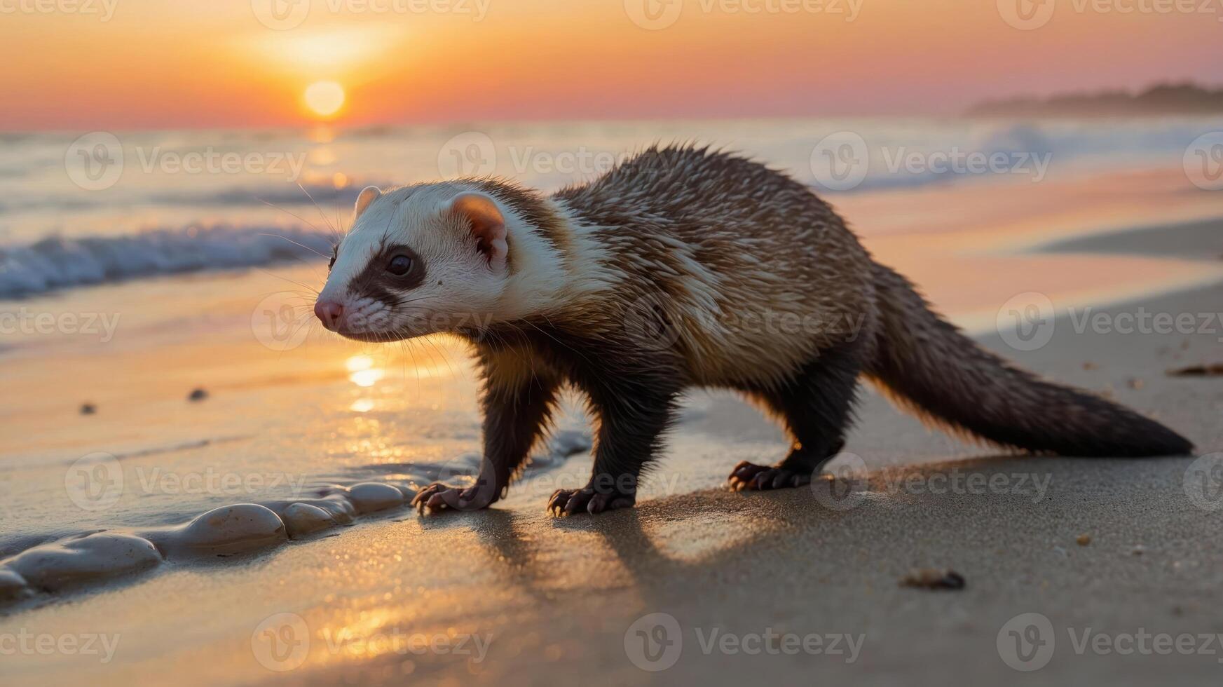 A ferret-like animal walks along a beach at sunset, capturing a serene moment in nature. photo