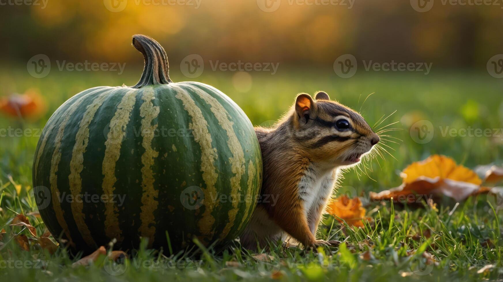 A chipmunk sits beside a striped pumpkin in a serene autumn setting. photo