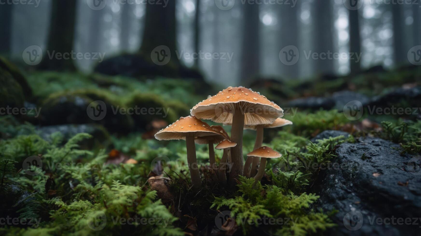 A cluster of orange mushrooms in a misty forest, surrounded by moss and rocks. photo