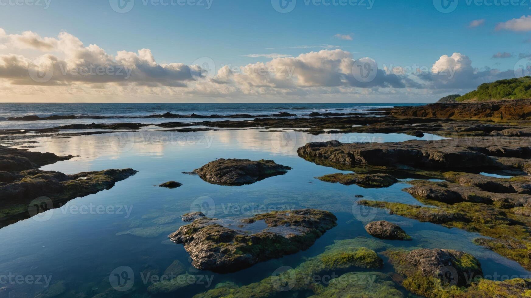 Serene coastal landscape with rocky shore and calm waters reflecting the sky. photo
