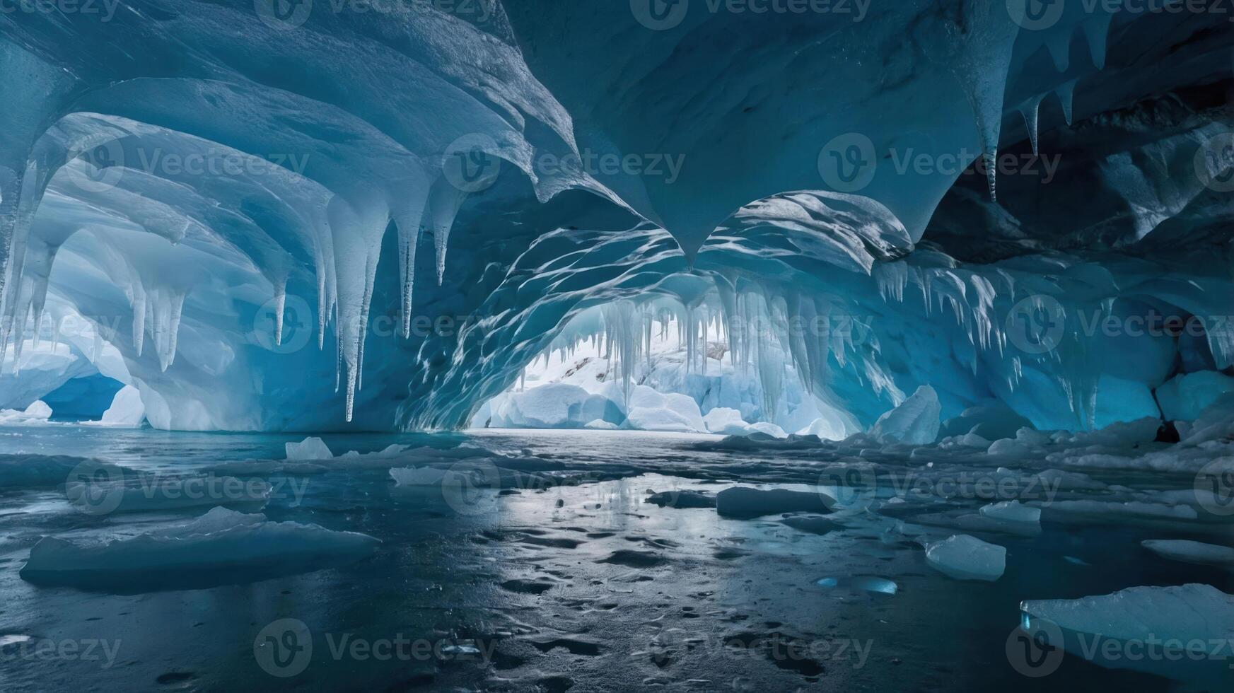 A stunning ice cave with blue hues, icicles, and reflective surfaces. photo