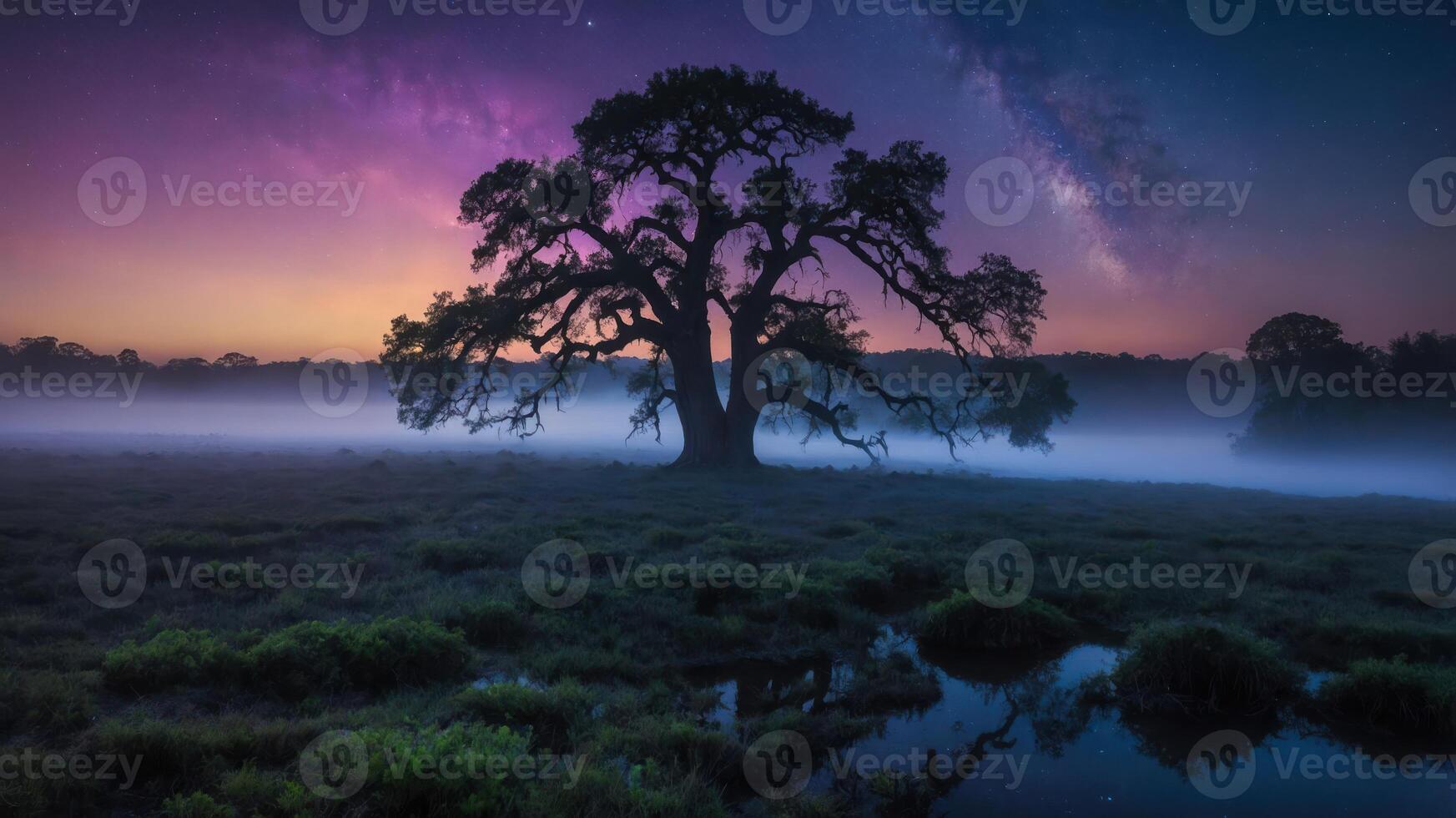 A serene landscape featuring a silhouetted tree under a starry sky at dawn. photo