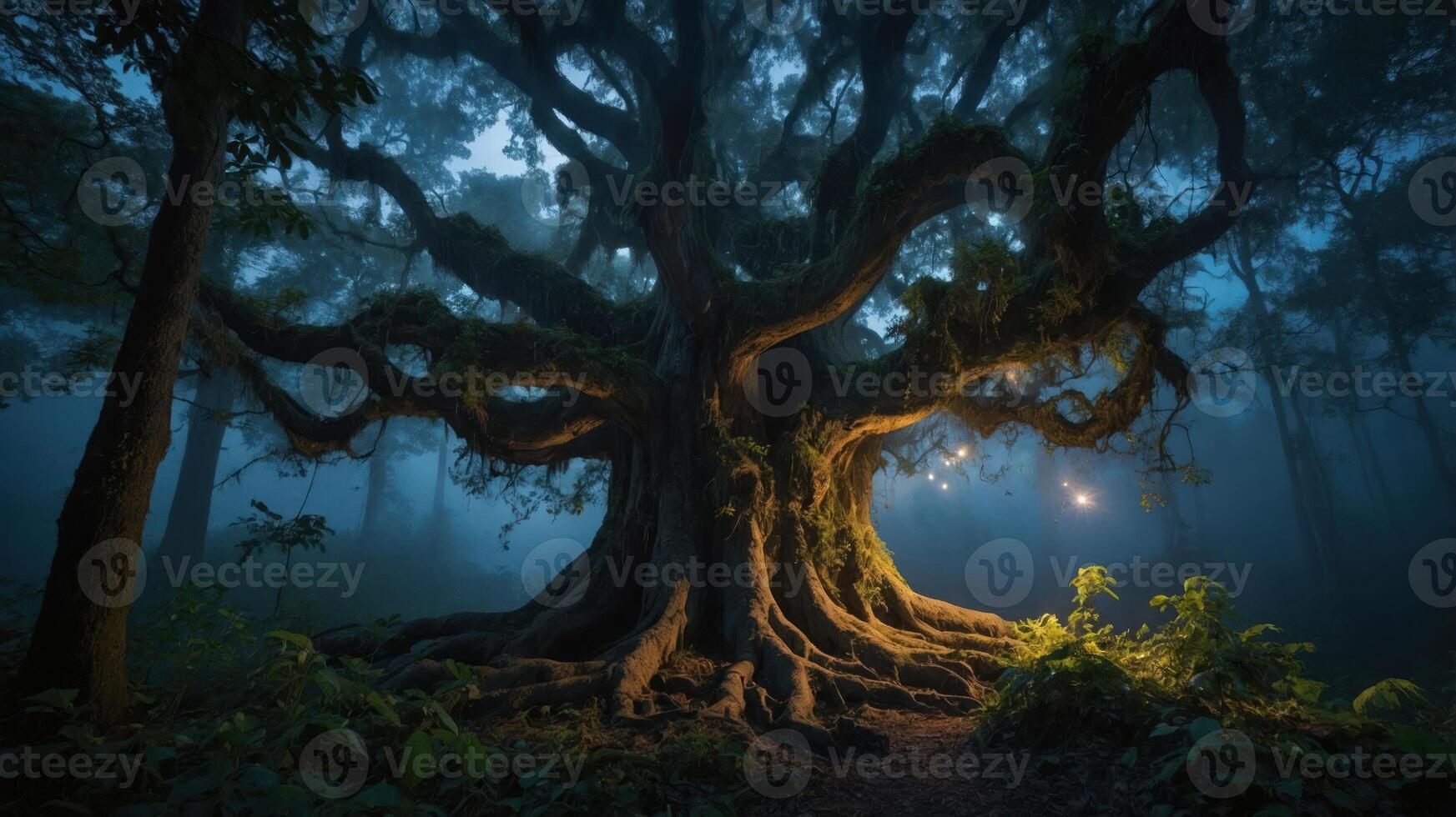 A mystical tree illuminated in a foggy forest, creating an enchanting atmosphere. photo