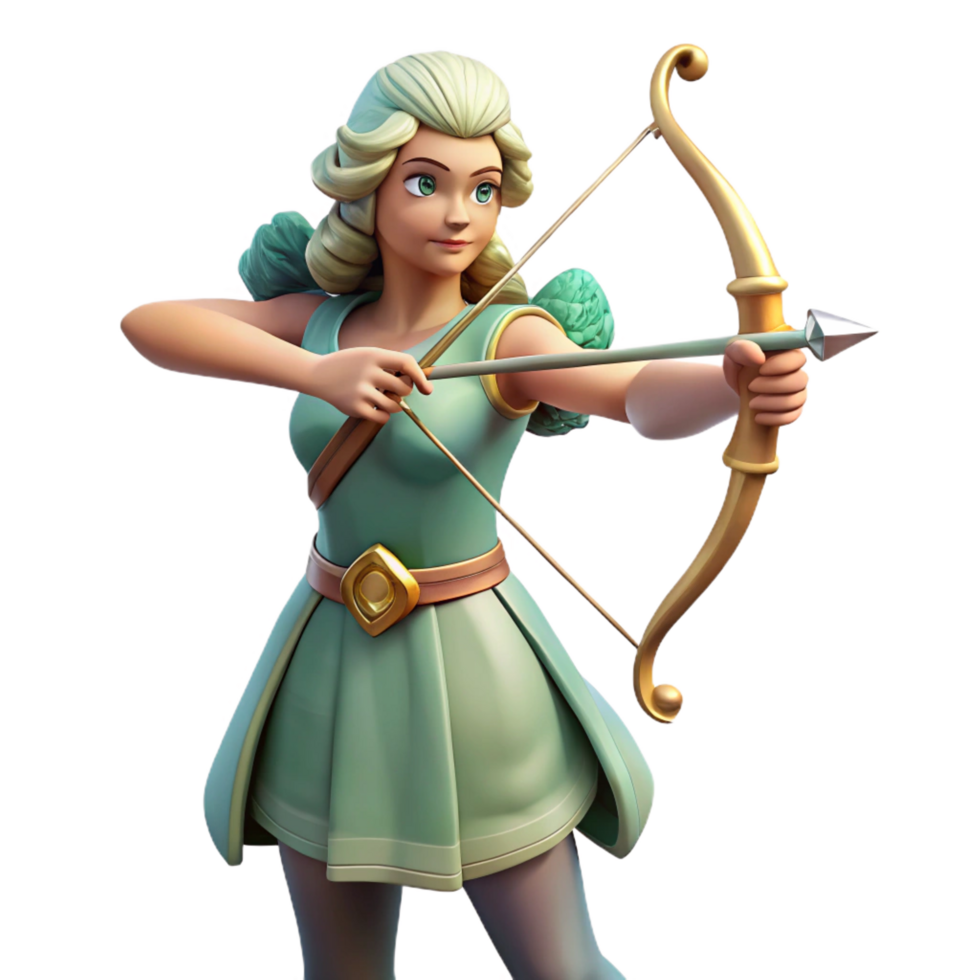 harmonious dazzling Artemis, Goddess of the Hunt, with a bow and arrow. NO BACKGROUND with Transparent Background. handcrafted png