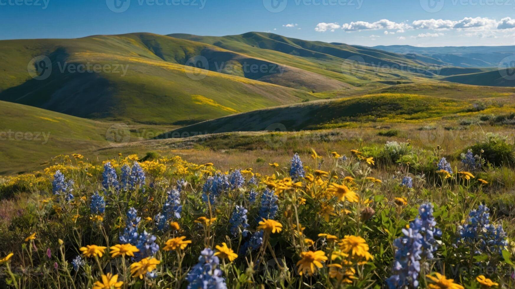A vibrant landscape with rolling hills and colorful wildflowers under a clear sky. photo