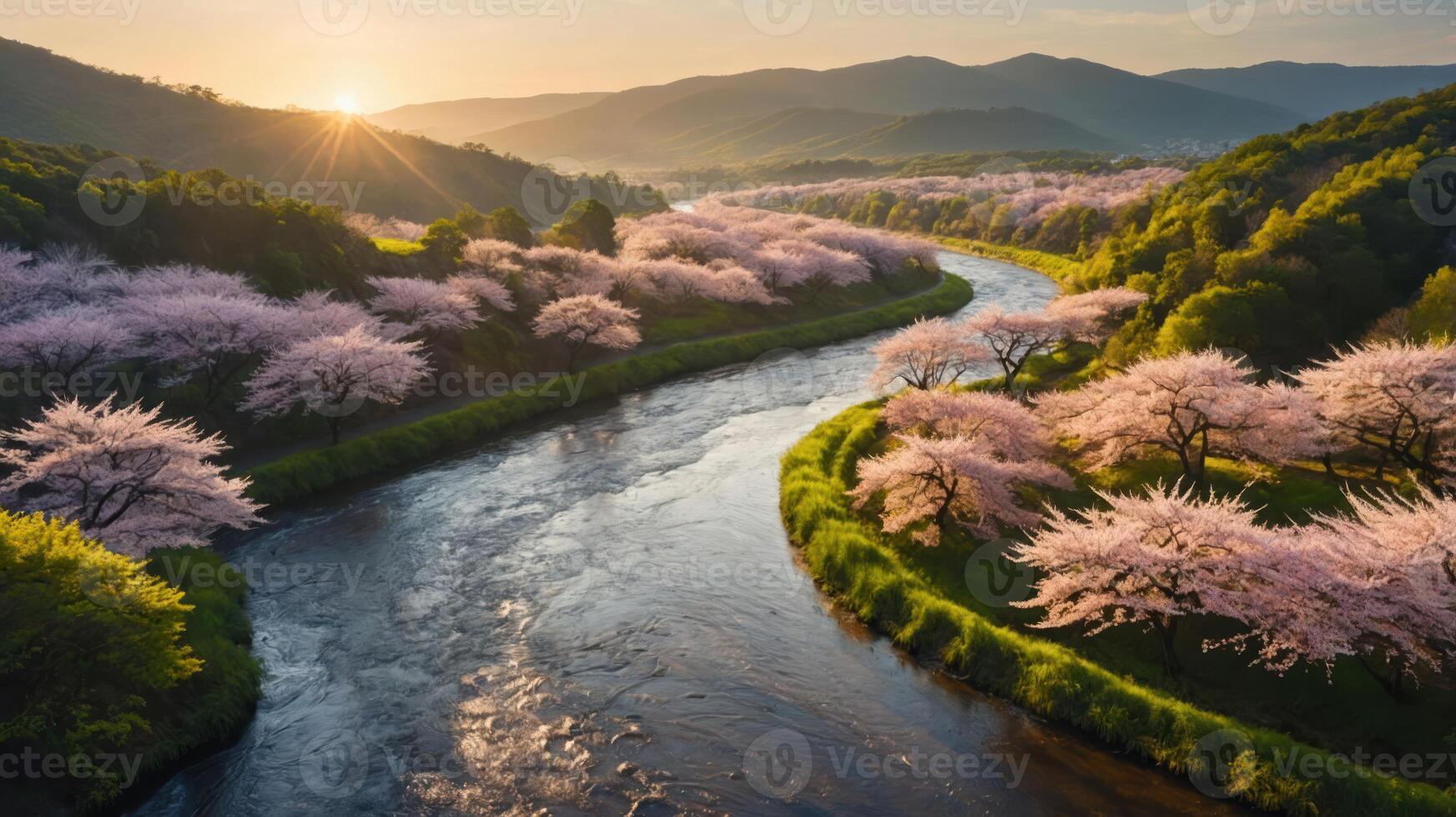 Serene landscape with cherry blossoms along a winding river at sunset. photo