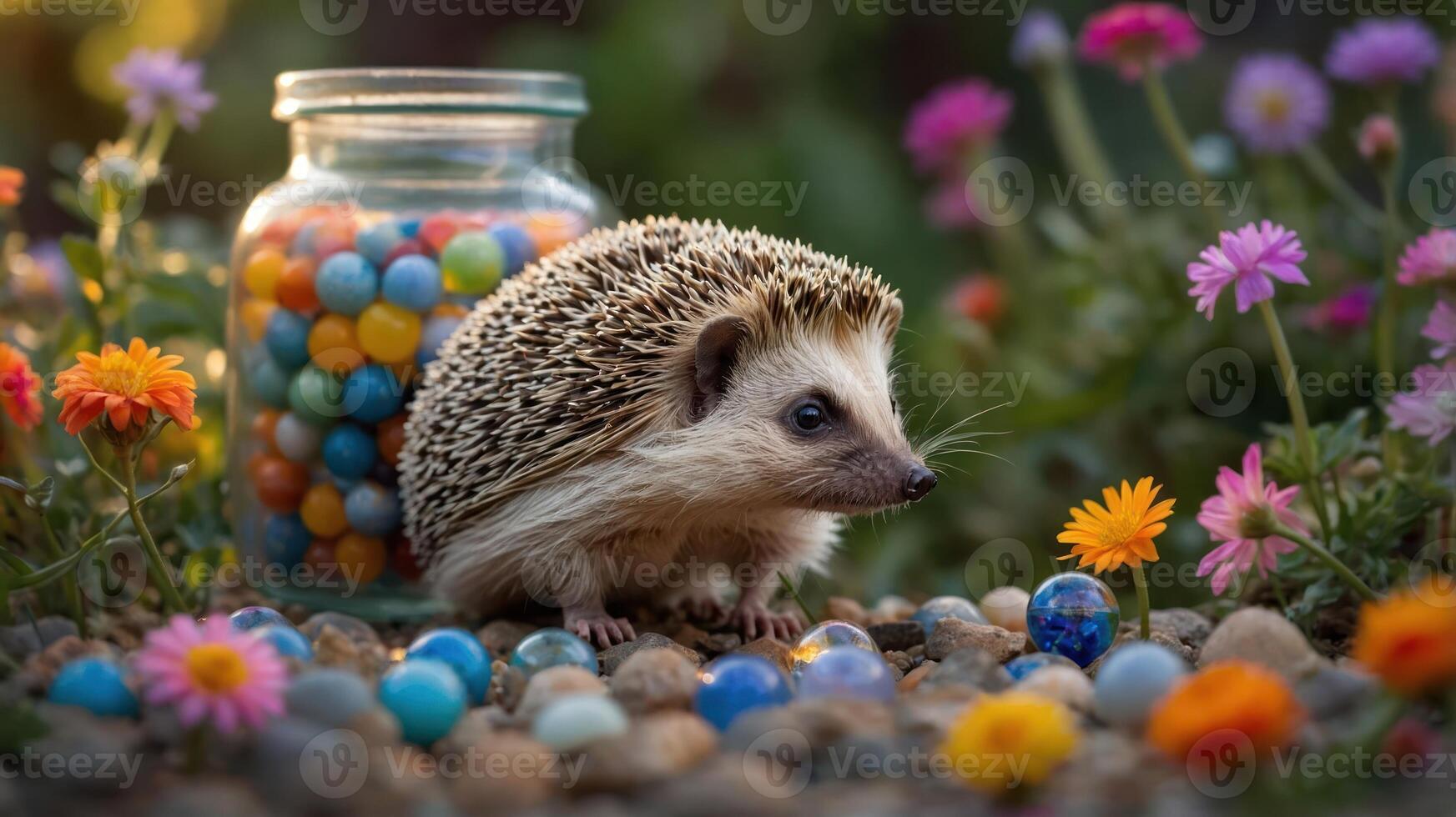 A hedgehog surrounded by colorful marbles and flowers near a jar of candies. photo