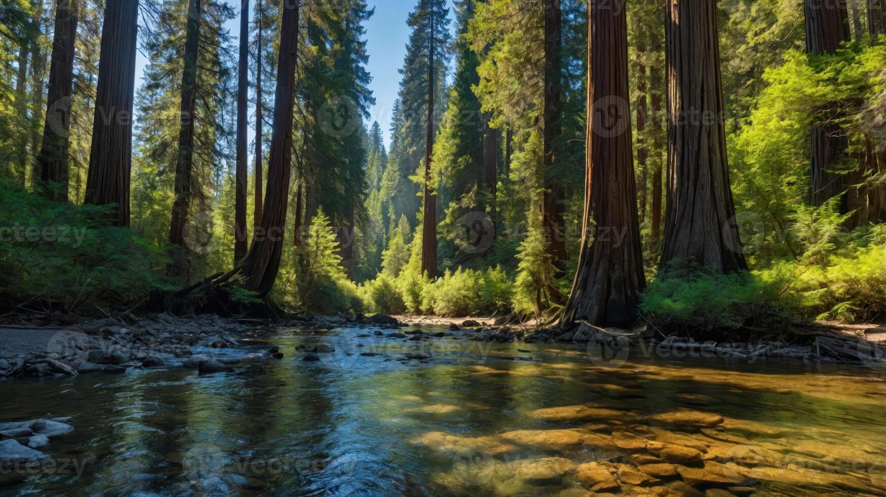 Serene forest scene with towering trees and a tranquil stream. photo