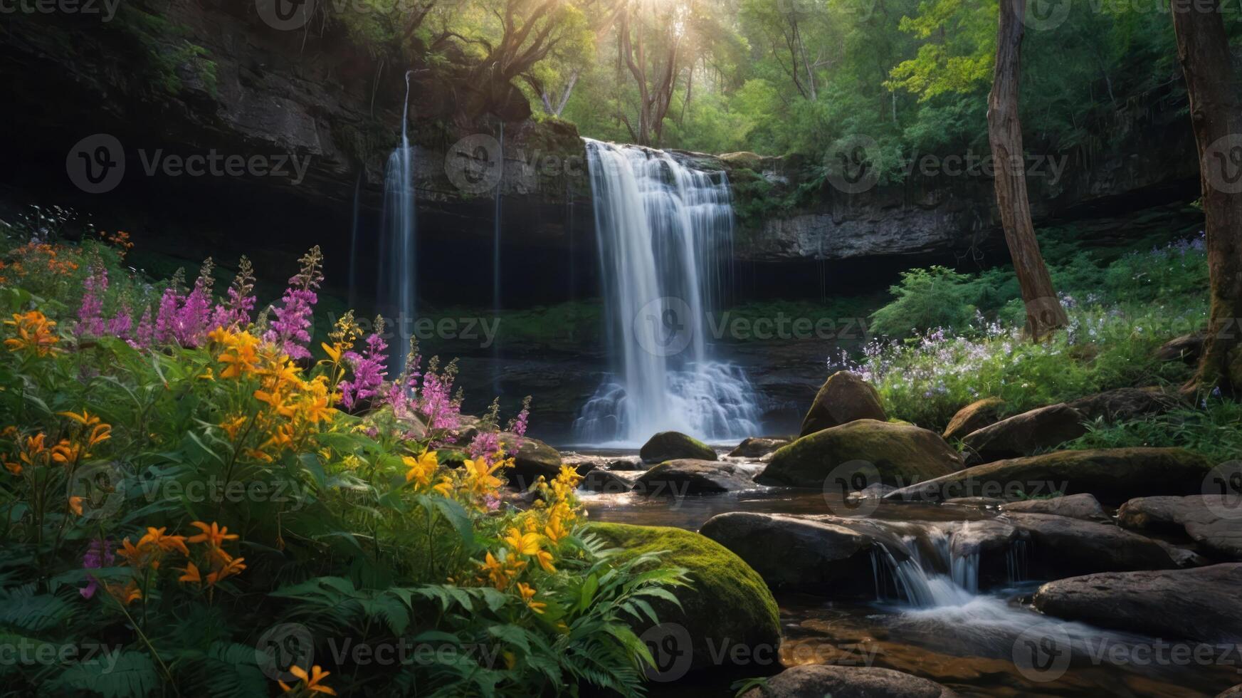 A serene waterfall surrounded by vibrant flowers and lush greenery in a tranquil forest setting. photo