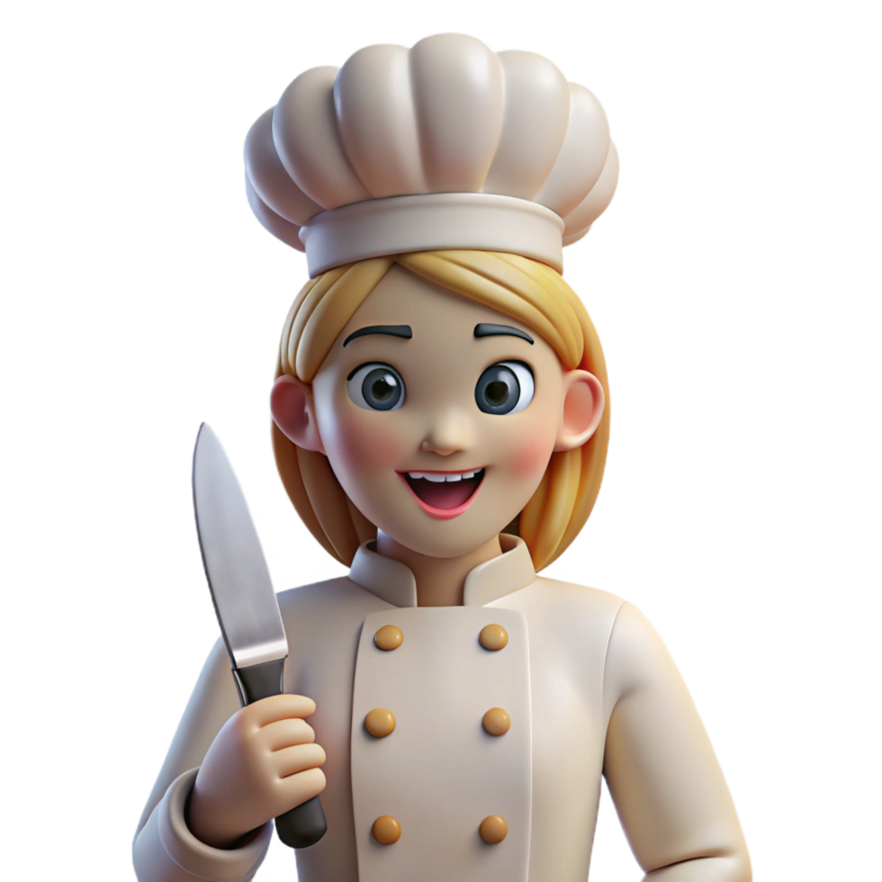 extraordinary minimalist Smiling female chef with knife, NO BACKGROUND with Transparent Background. gallery standard png