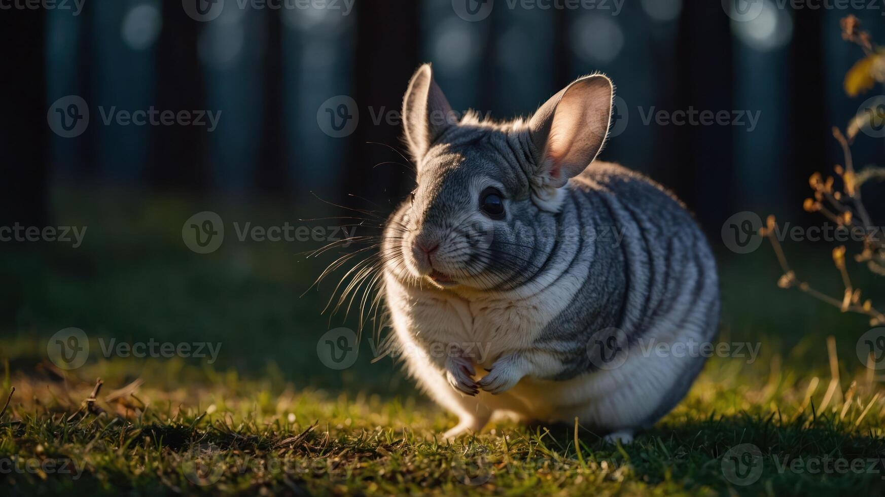 A cute chinchilla stands on grass in a forest, illuminated by soft sunlight. photo