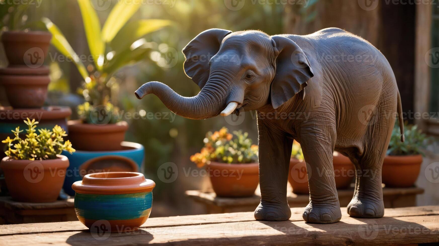 A decorative elephant figurine beside a colorful pot in a garden setting. photo