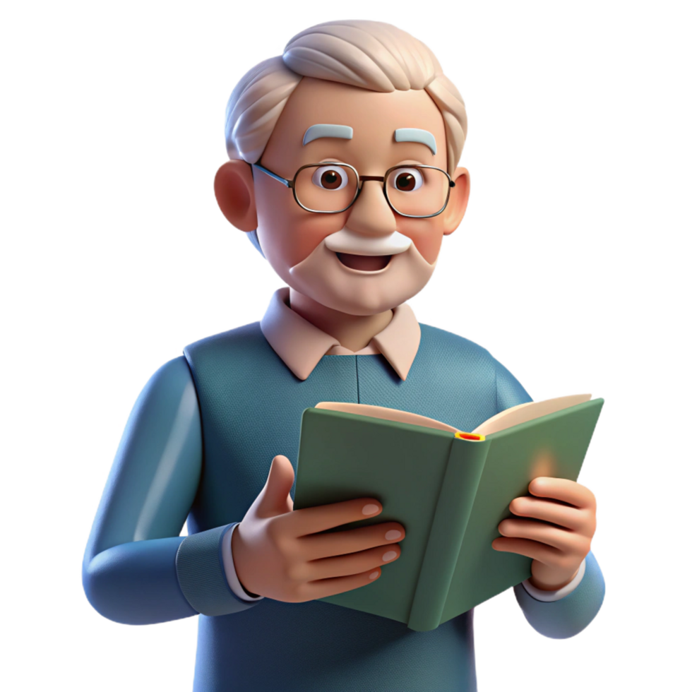 exemplary minimalist Elderly man reading book, NO BACKGROUND with Transparent Background. masterfully captured png