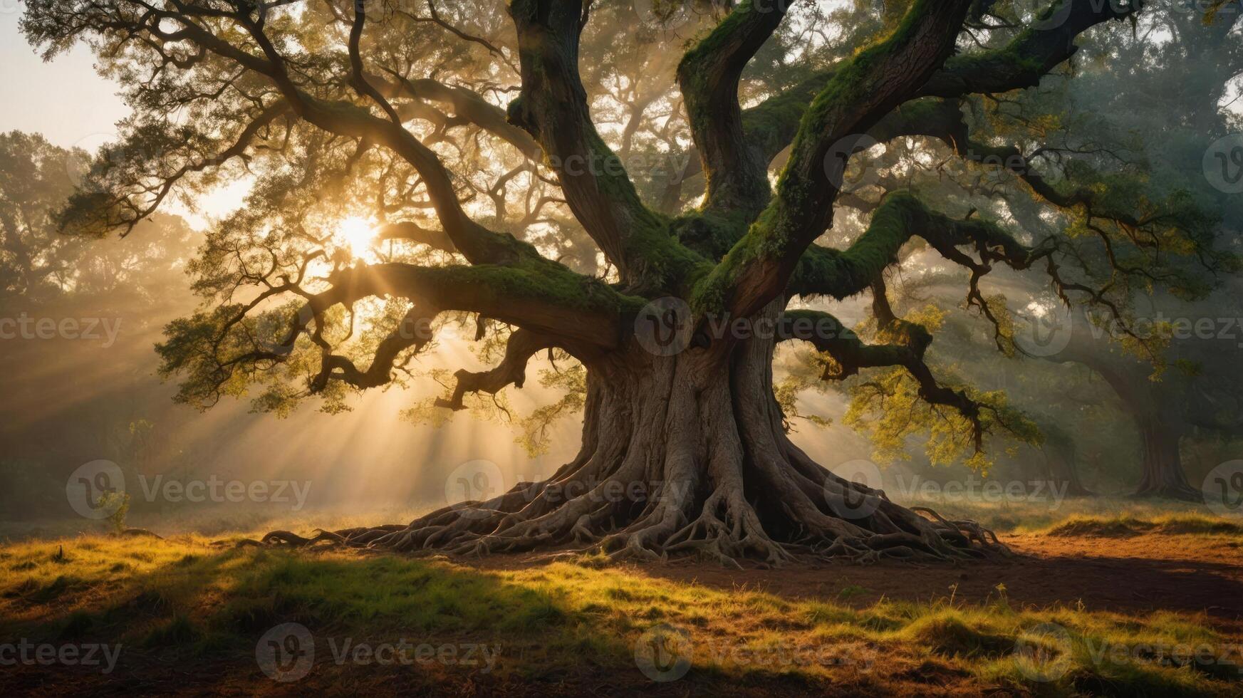 A majestic tree stands with sprawling branches and roots, illuminated by soft sunlight. photo