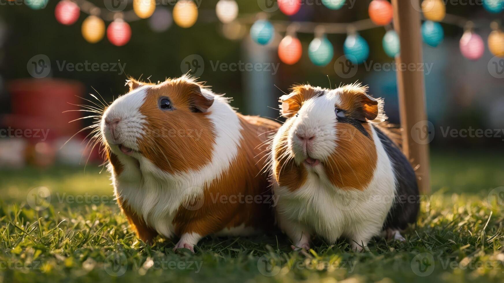 Two guinea pigs sitting on grass with colorful lights in the background. photo