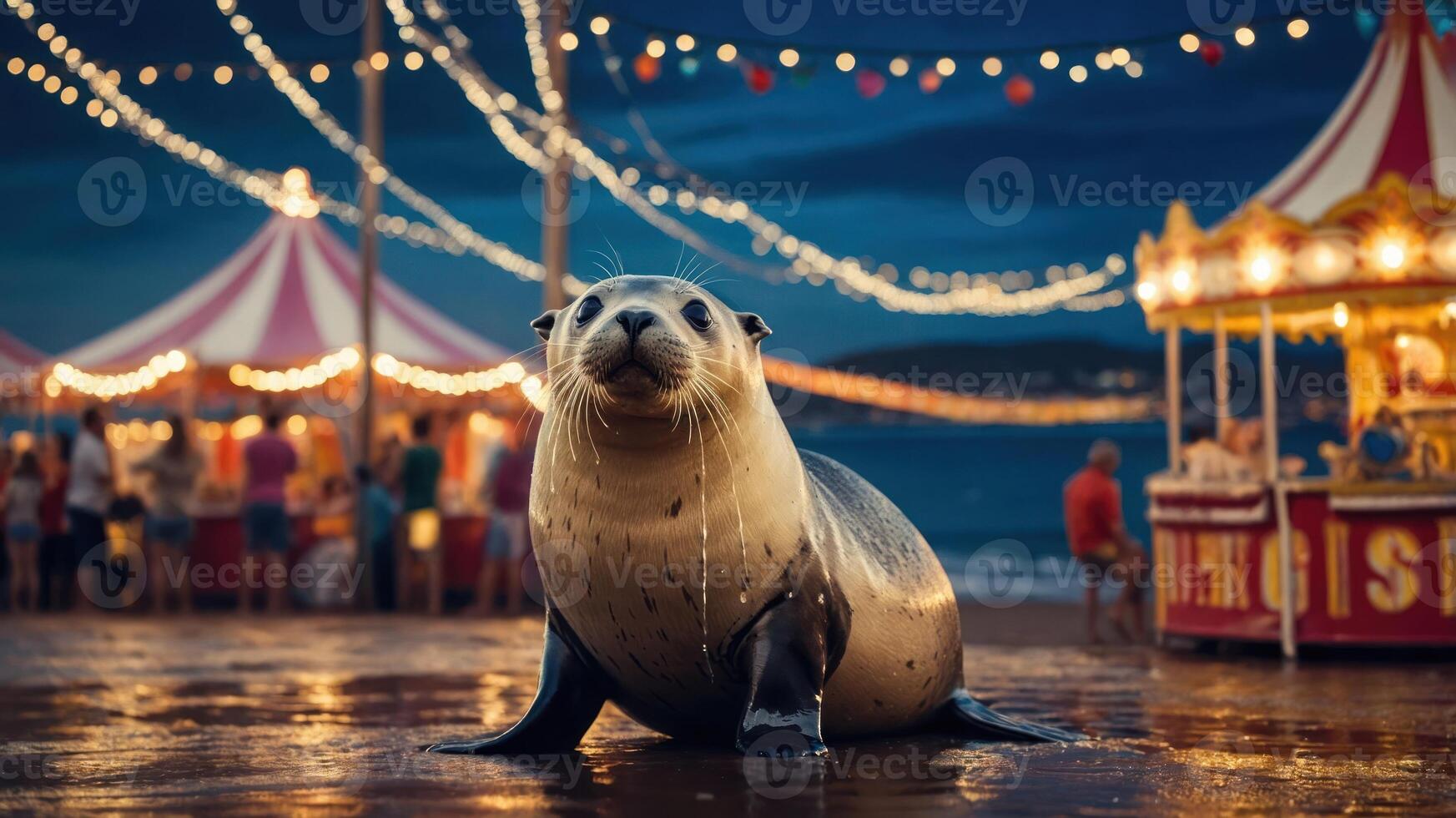 A seal on a festive beach boardwalk with carnival lights and attractions in the background. photo