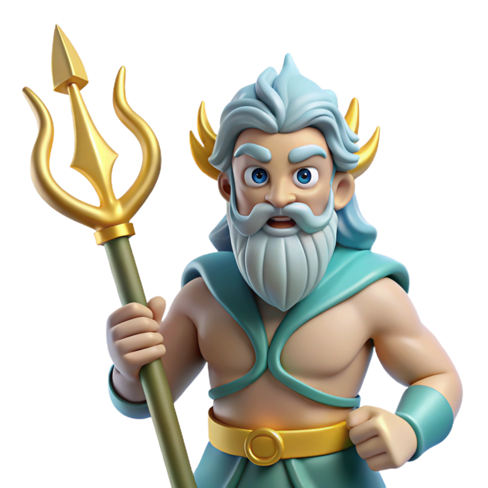 gorgeous renaissance Poseidon, God of the Sea, wielding his trident. NO BACKGROUND with Transparent Background. handcrafted png