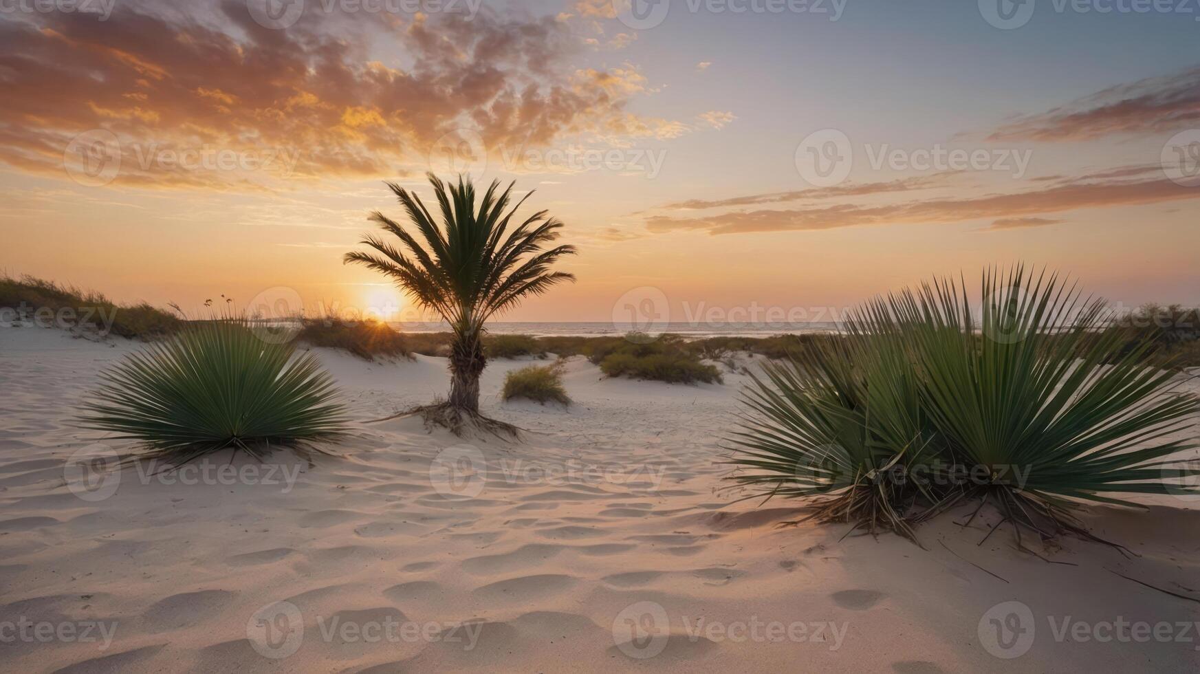 A serene beach scene at sunset with palm trees and sandy dunes. photo
